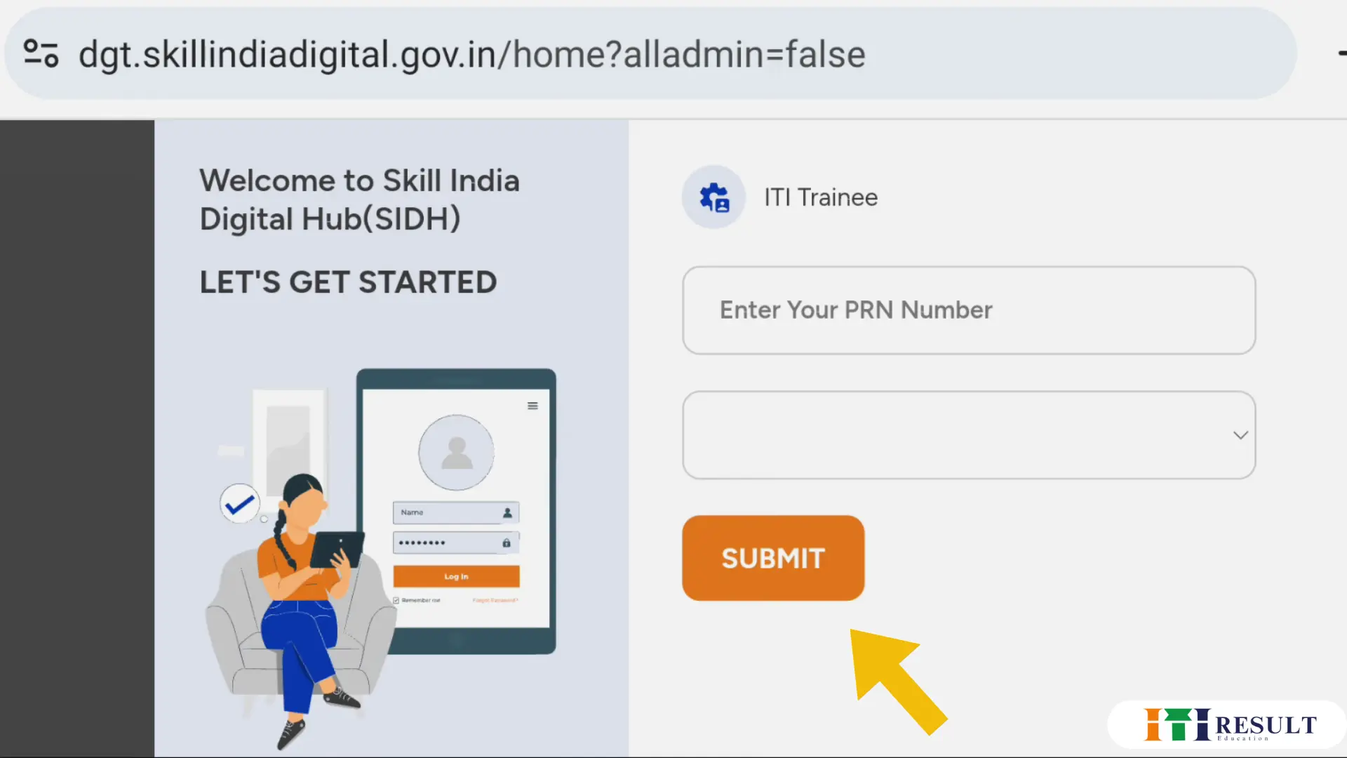 NCVT MIS ITI Result 2025: Check at skillindiadigital.gov.in 4 "Skill India Digital Hub ITI trainee login page with PRN number input box and submit button to check NCVT MIS ITI result 2024.
