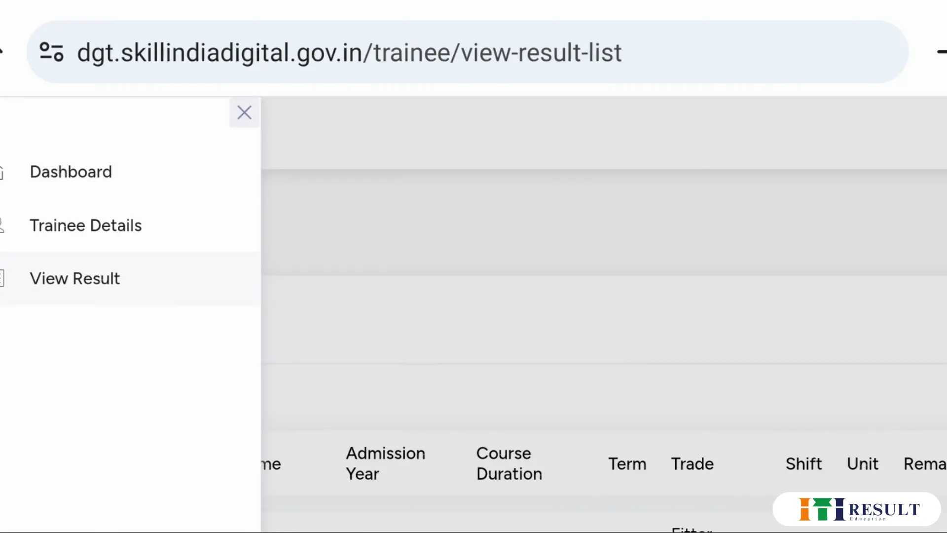 NCVT MIS ITI Result 2025: Check at skillindiadigital.gov.in 5 "ITI trainee result list navigation menu on Skill India Digital website showing dashboard, trainee details, and view result option"