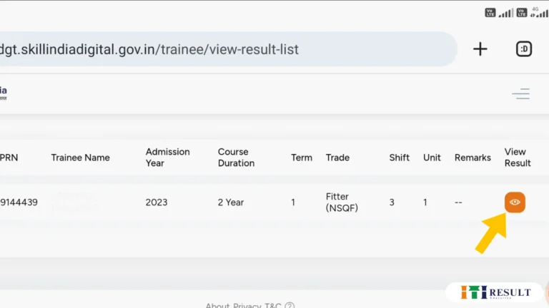"Skill India Digital Portal view result page showing ITI trainee details including PRN, trade name, and view result eye icon for Fitter trade.

