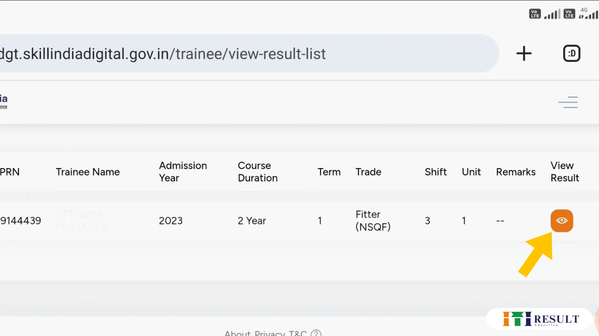 NCVT MIS ITI Result 2025: Check at skillindiadigital.gov.in 6 "Skill India Digital Portal view result page showing ITI trainee details including PRN, trade name, and view result eye icon for Fitter trade.