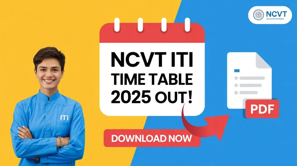 NCVT ITI Schedule 2025 Out: Practical & CBT Exam Date PDF 1 "Smiling Indian ITI student in blue uniform next to a calendar icon displaying 'NCVT ITI exam Time Table 2025 Out' with PDF download button and red 'Download Now' arrow on a blue and yellow background"