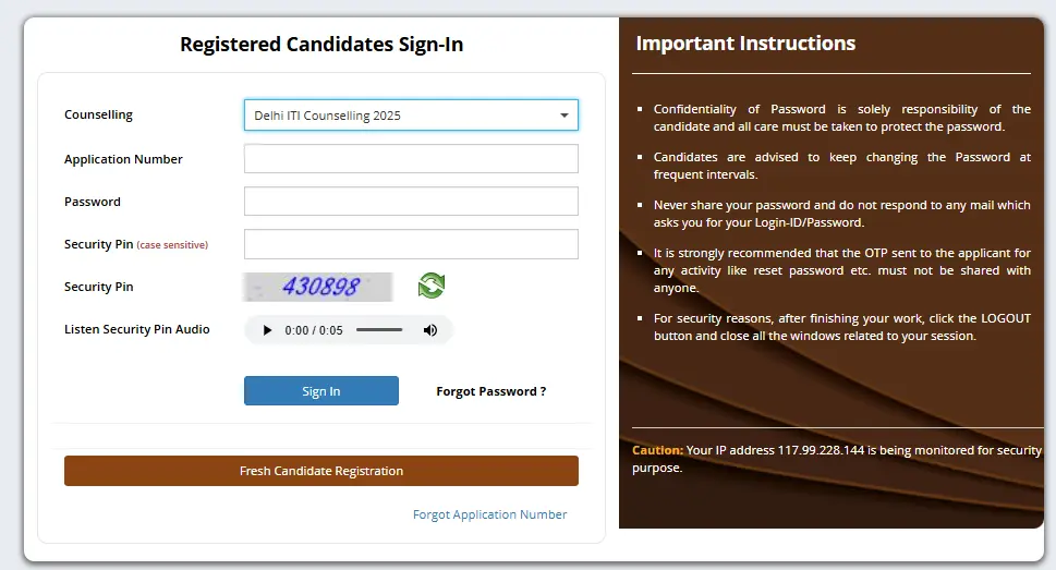 Delhi ITI Admission 2025: Form, Merit List & Counselling Details 3 Delhi ITI 2025 login screen for registered candidates with application number, password, and security instructions.