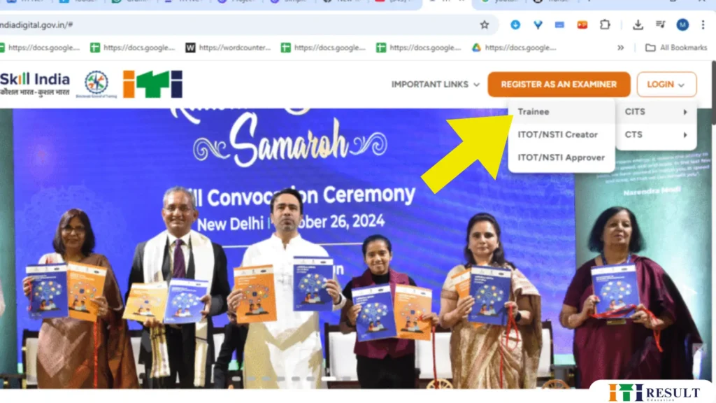 NCVT ITI Trainee Verification 2024 Last Date : Official Notice Out 4 Skill India Convocation Ceremony 2024 Registration Portal Screenshot Showing Trainee Login and Register as an Examiner Option"
