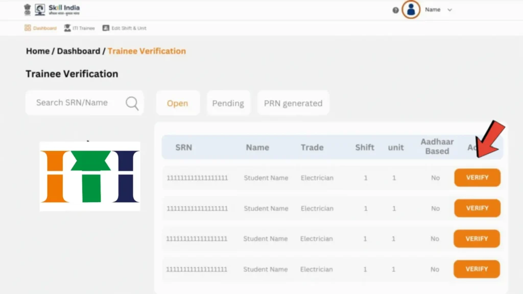 NCVT ITI Trainee Verification 2024 Last Date : Official Notice Out 7 "Skill India Trainee Verification Dashboard Showing SRN List and Verify Button for Electrician Trade – 2025"