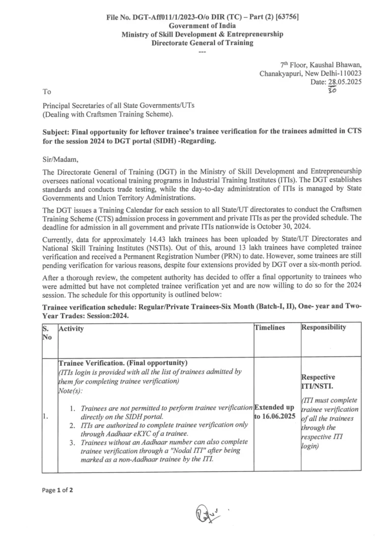 NCVT ITI Trainee Verification 2024 Last Date: Official Notice Out 2 CTS 2024 Trainee verification schedule extension 30 05 2025 1 1