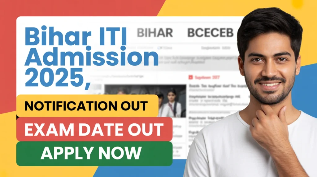 Bihar ITI Admission 2025: Form, Date, Eligibility, document & Apply Now 1 Young Indian student with Bihar ITI Admission 2025 banner, showing notification, exam date, and apply now buttons in bold colors.
