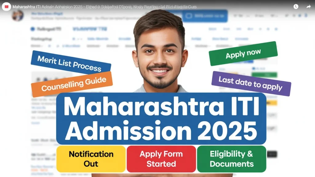 Maharashtra ITI Admission 2025 – Apply Online, Eligibility & Counselling Guide 1 Maharashtra ITI Admission 2025 featuring a smiling Indian male student with bold text like "Eligibility & Documents", "Merit List ", "Counselling Guide".