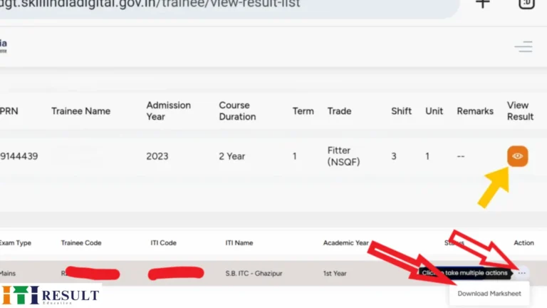 "Skill India Digital portal ITI trainee result page showing download marksheet option for Fitter NSQF trade 1st year student 2024"
