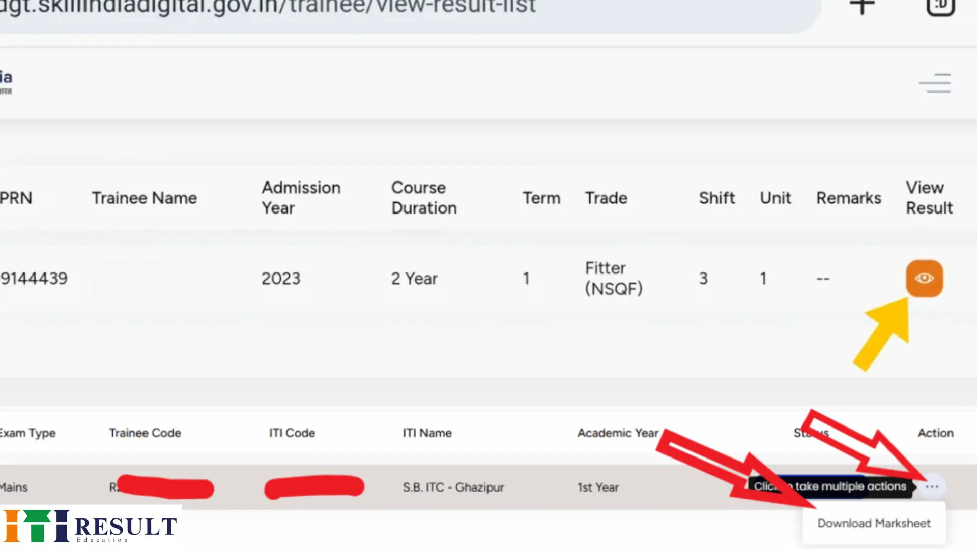 NCVT MIS ITI Result 2025: Check at skillindiadigital.gov.in 12 "Skill India Digital portal ITI trainee result page showing download marksheet option for Fitter NSQF trade 1st year student 2024"