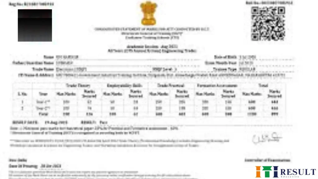 "NCVT MIS ITI final marksheet 2024 displaying year-wise trade theory, practical, employability skills, and formative assessment marks"
