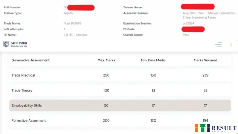 "NCVT MIS ITI Result 2024 Marksheet showing trade practical, theory, and employability skills marks for Fitter trade student from Skill India portal"
