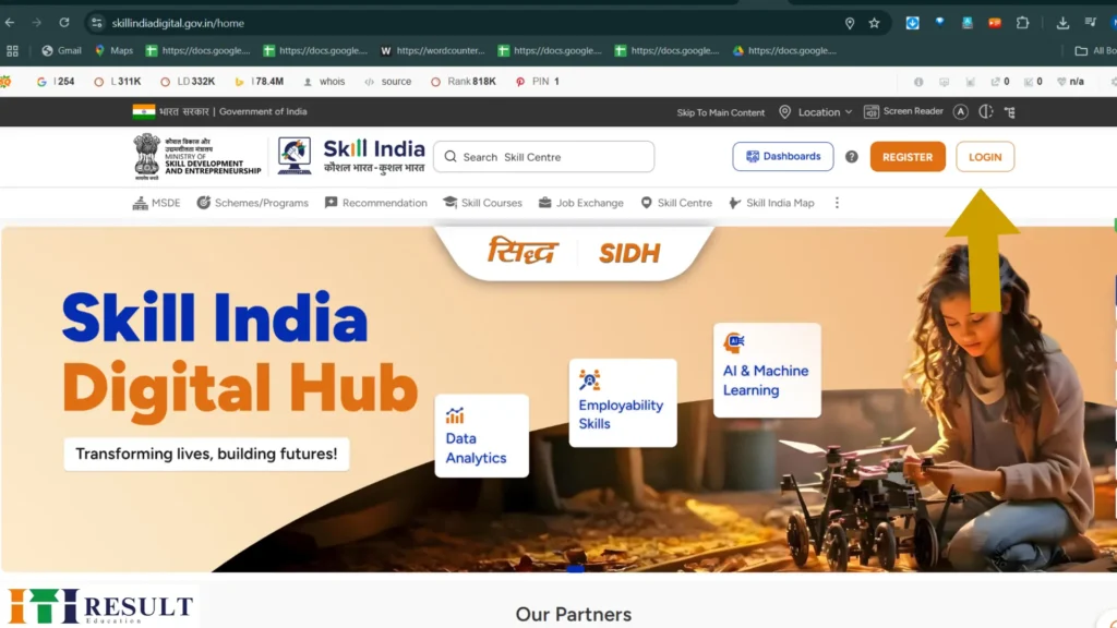 Download NCVT ITI Admit Card 2025 – 1st & 2nd Year Hall Ticket Out. 2 Official Skill India Digital Hub homepage with login button to access ITI trainee dashboard