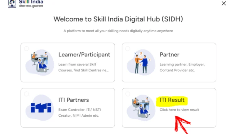 ITI Result  section on Skill India Digital website homepage with button to check result by entering PRN number.
